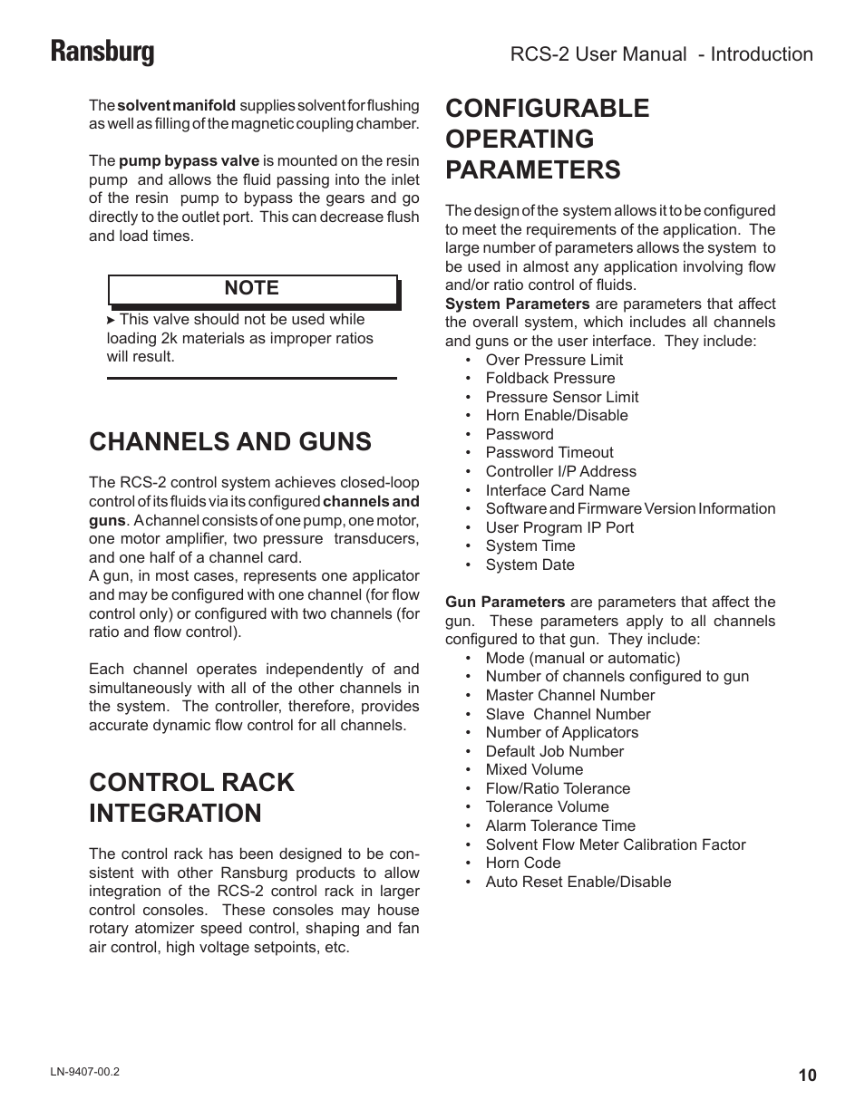 Ransburg, Channels and guns, Control rack integration | Configurable operating parameters | Ransburg RCS 2 Ratio Control System User Manual | Page 13 / 82