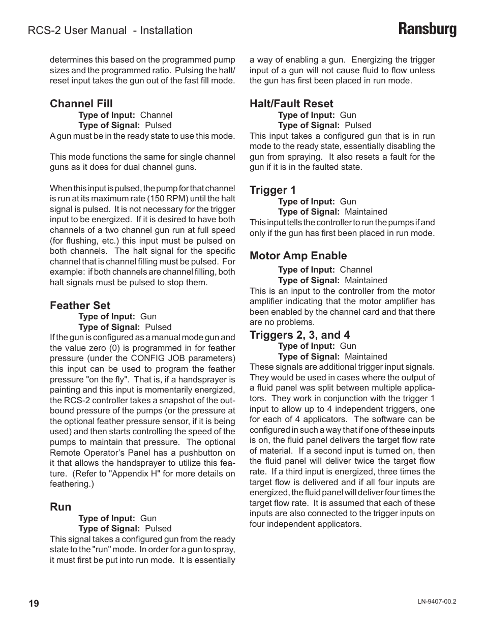 Ransburg, Channel fill, Feather set | Halt/fault reset, Trigger 1, Motor amp enable, Triggers 2, 3, and 4, Rcs-2 user manual - installation | Ransburg RCS 2 Ratio Control System User Manual | Page 22 / 82