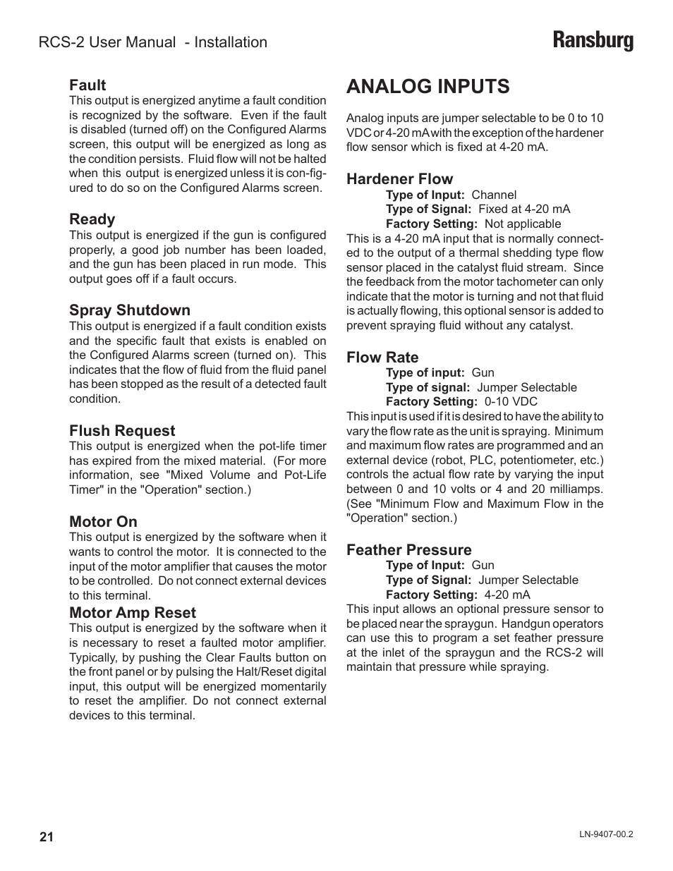 Ransburg, Analog inputs | Ransburg RCS 2 Ratio Control System User Manual | Page 24 / 82