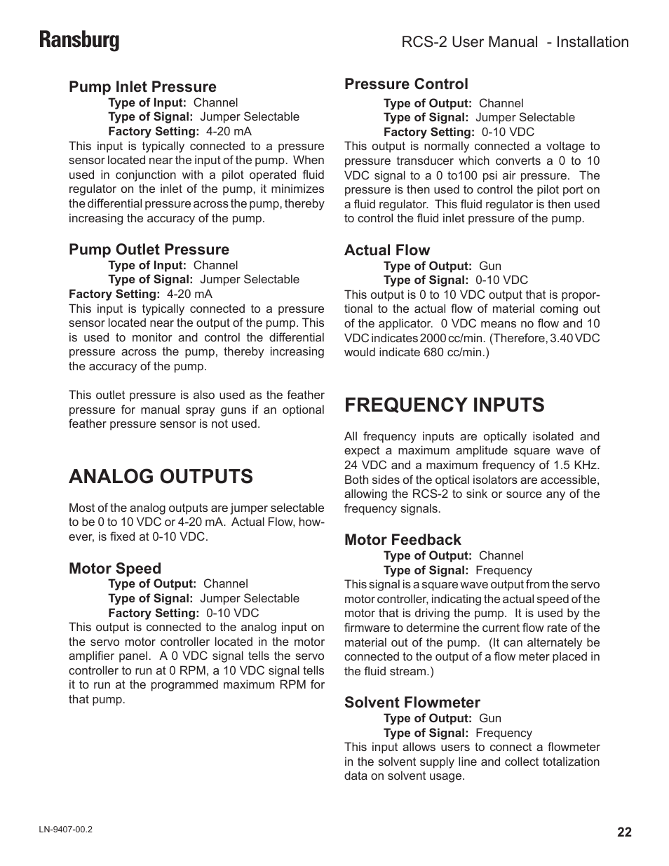 Ransburg, Analog outputs, Frequency inputs | Ransburg RCS 2 Ratio Control System User Manual | Page 25 / 82