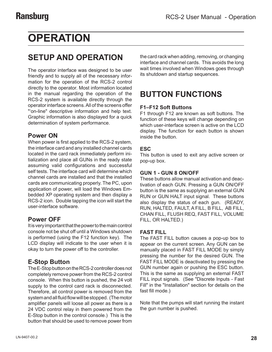Operation, Ransburg, Setup and operation | Button functions | Ransburg RCS 2 Ratio Control System User Manual | Page 31 / 82