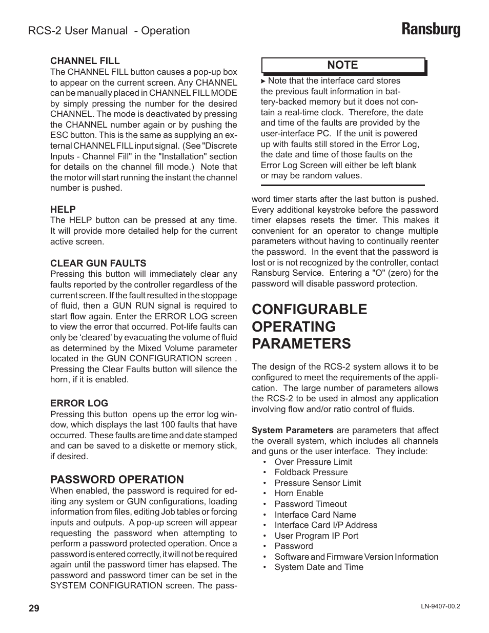 Ransburg, Configurable operating parameters | Ransburg RCS 2 Ratio Control System User Manual | Page 32 / 82