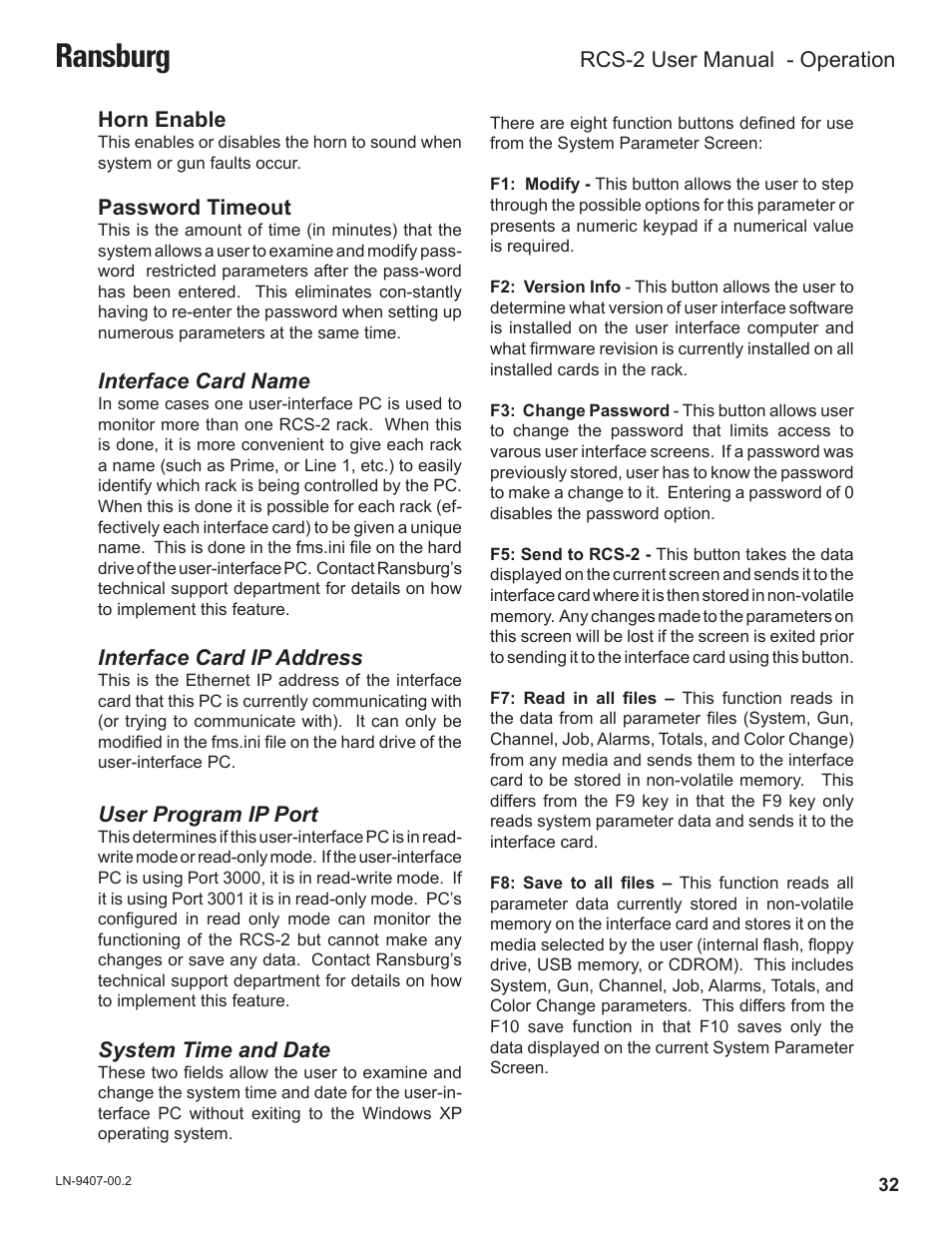 Ransburg, Horn enable, Password timeout | Interface card name, Interface card ip address, User program ip port, System time and date, Rcs-2 user manual - operation | Ransburg RCS 2 Ratio Control System User Manual | Page 35 / 82