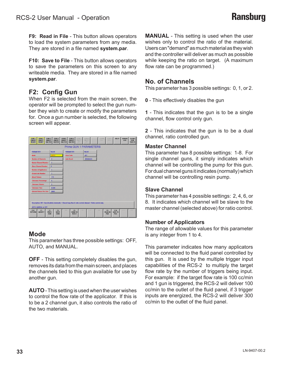 Ransburg, No. of channels, Mode | F2: config gun, Rcs-2 user manual - operation | Ransburg RCS 2 Ratio Control System User Manual | Page 36 / 82