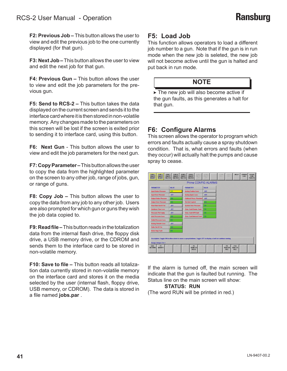 Ransburg, F5: load job, Rcs-2 user manual - operation | Ransburg RCS 2 Ratio Control System User Manual | Page 44 / 82