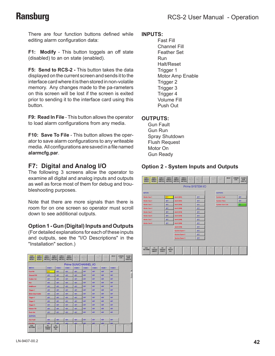 Ransburg, F7: digital and analog i/o, Rcs-2 user manual - operation | Ransburg RCS 2 Ratio Control System User Manual | Page 45 / 82