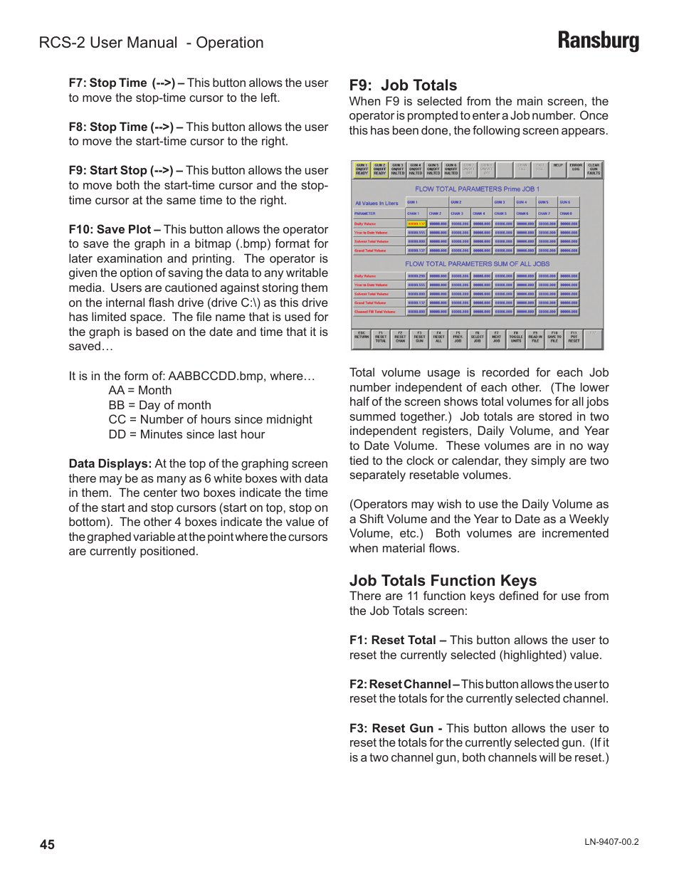 Ransburg, Job totals function keys, F9: job totals | Rcs-2 user manual - operation | Ransburg RCS 2 Ratio Control System User Manual | Page 48 / 82