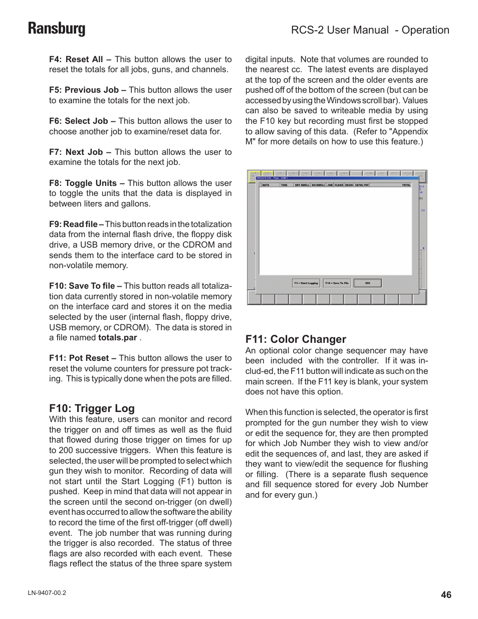 Ransburg, F10: trigger log, F11: color changer | Rcs-2 user manual - operation | Ransburg RCS 2 Ratio Control System User Manual | Page 49 / 82