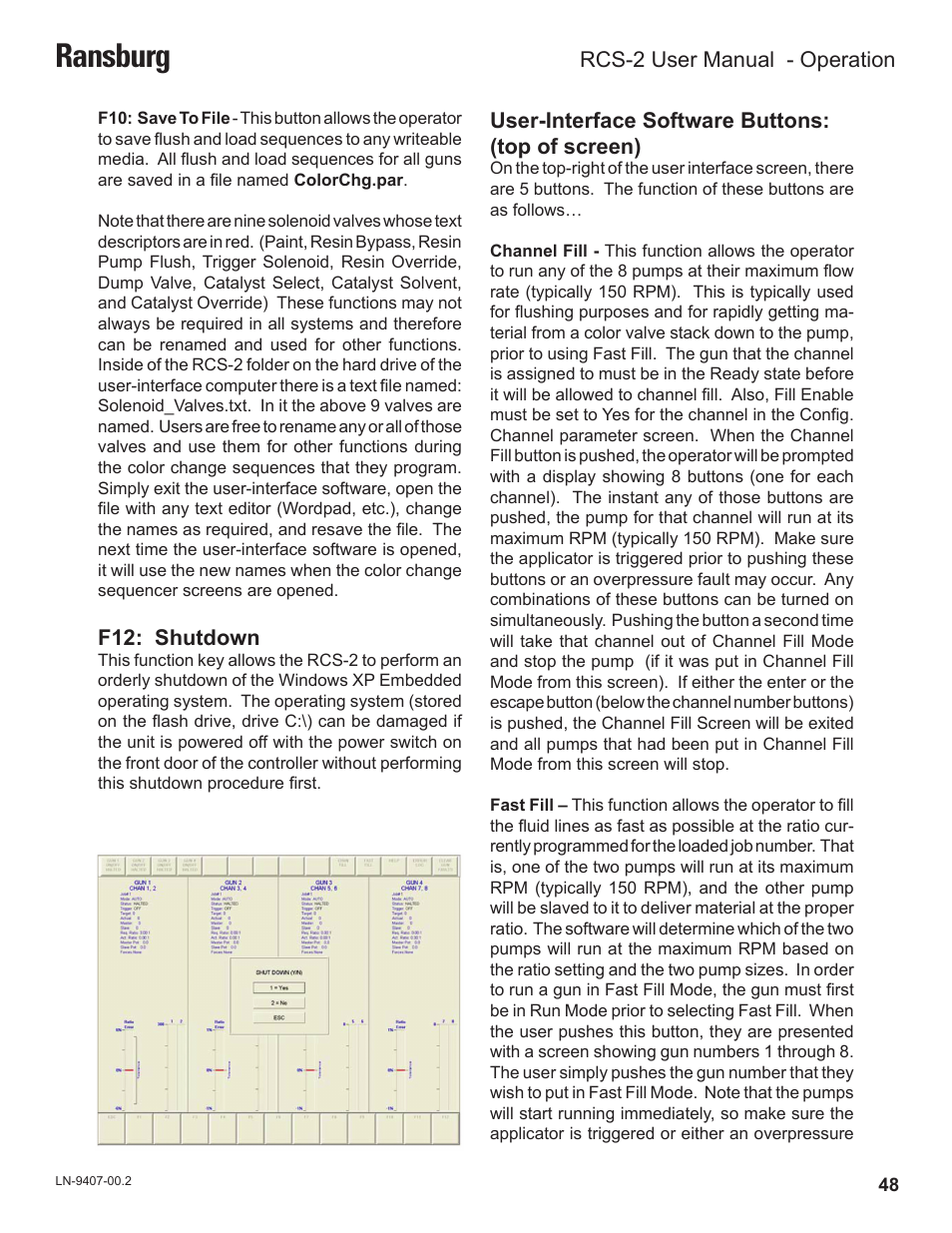 Ransburg, F12: shutdown, User-interface software buttons: (top of screen) | Rcs-2 user manual - operation | Ransburg RCS 2 Ratio Control System User Manual | Page 51 / 82