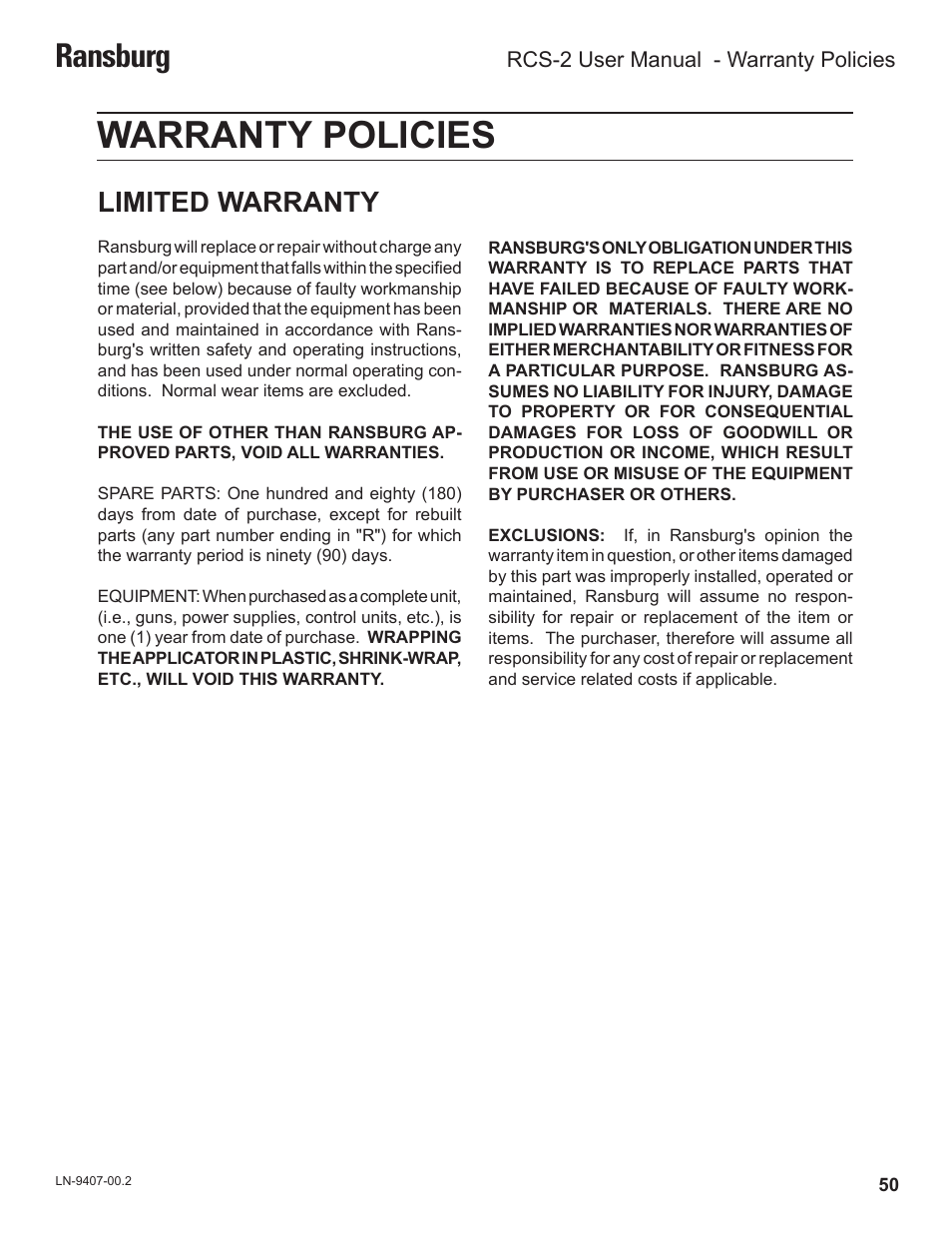 Warranty policies, Ransburg, Limited warranty | Ransburg RCS 2 Ratio Control System User Manual | Page 53 / 82