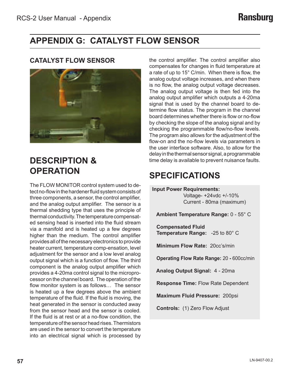 Ransburg, Appendix g: catalyst flow sensor, Description & operation | Specifications | Ransburg RCS 2 Ratio Control System User Manual | Page 60 / 82