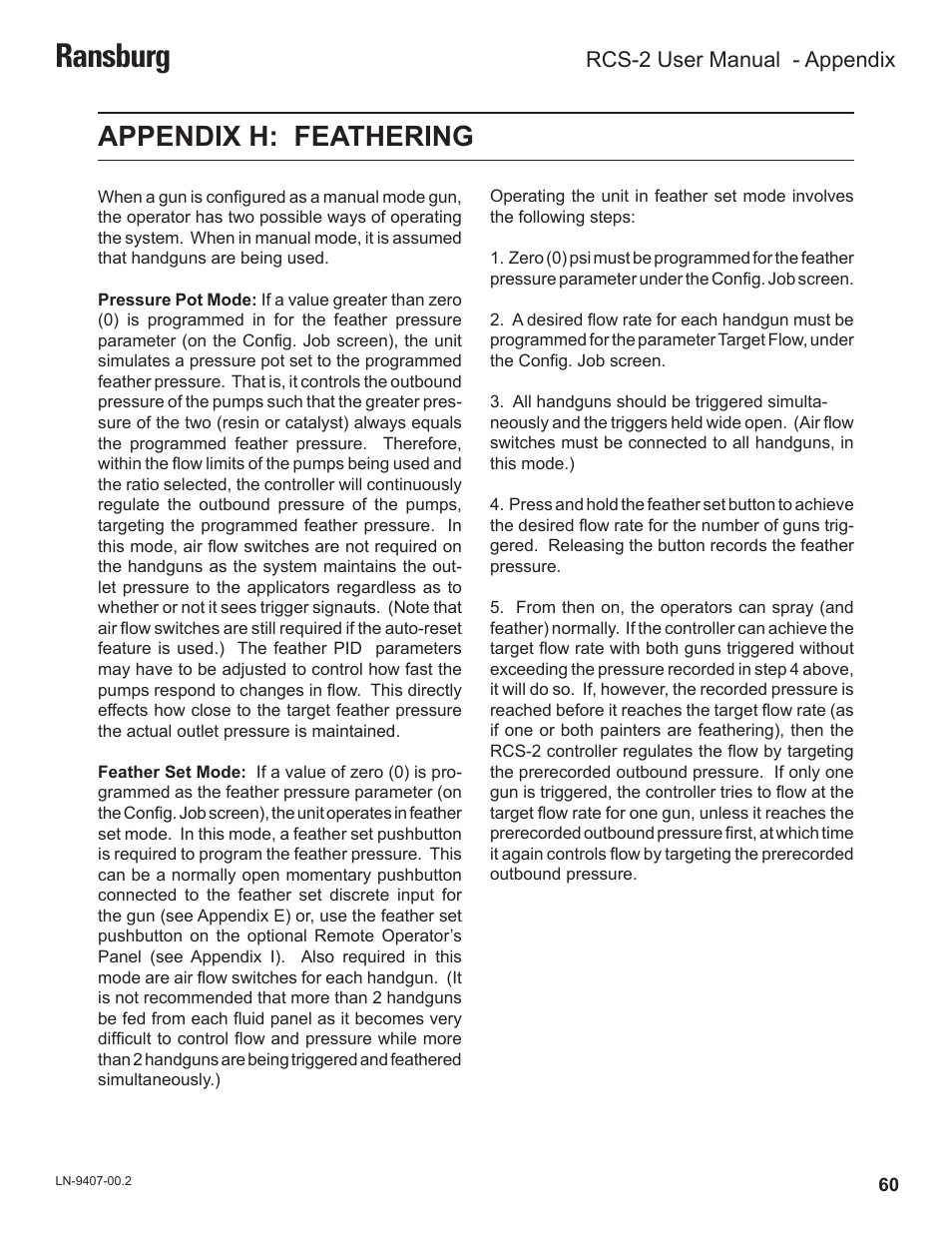 Ransburg, Appendix h: feathering, Rcs-2 user manual - appendix | Ransburg RCS 2 Ratio Control System User Manual | Page 63 / 82