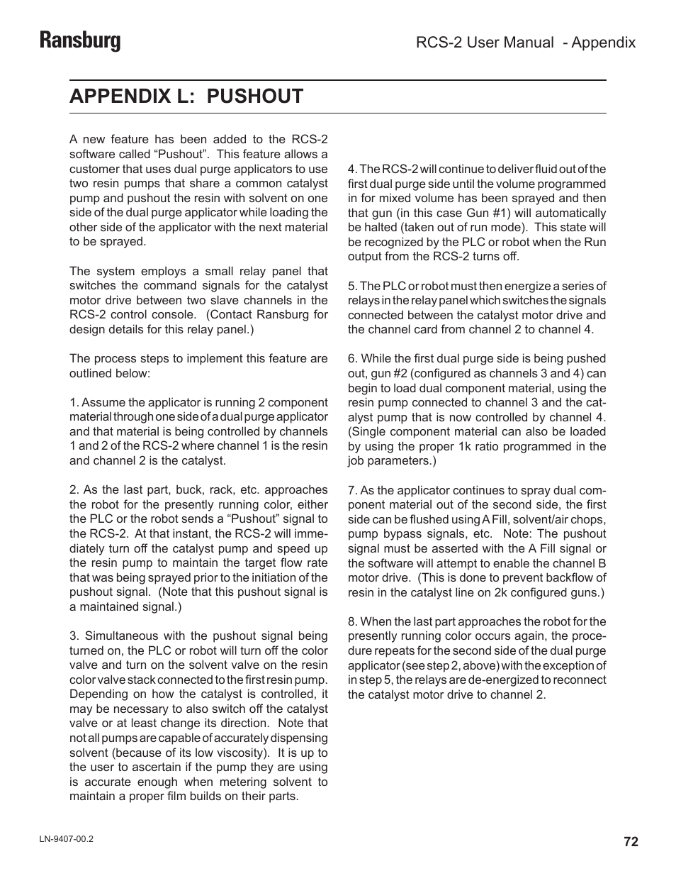Ransburg, Appendix l: pushout, Rcs-2 user manual - appendix | Ransburg RCS 2 Ratio Control System User Manual | Page 75 / 82