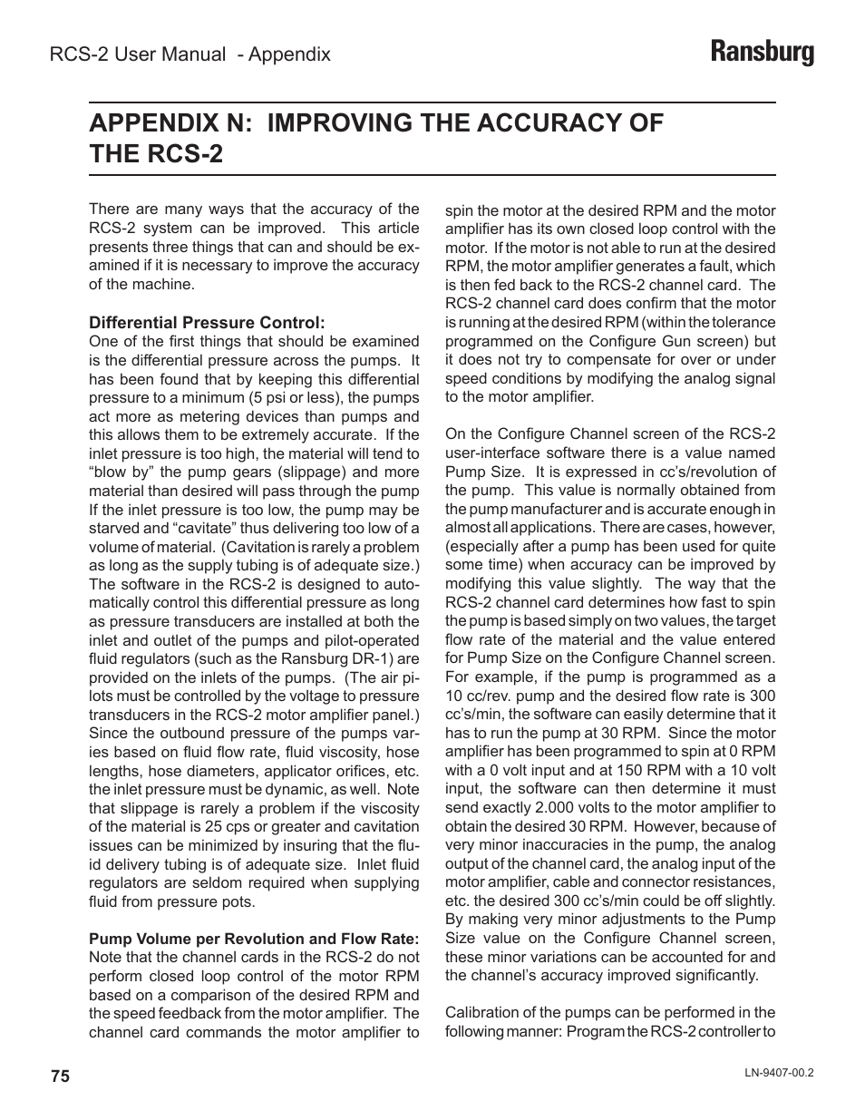 Ransburg, Appendix n: improving the accuracy of the rcs-2, Rcs-2 user manual - appendix | Ransburg RCS 2 Ratio Control System User Manual | Page 78 / 82