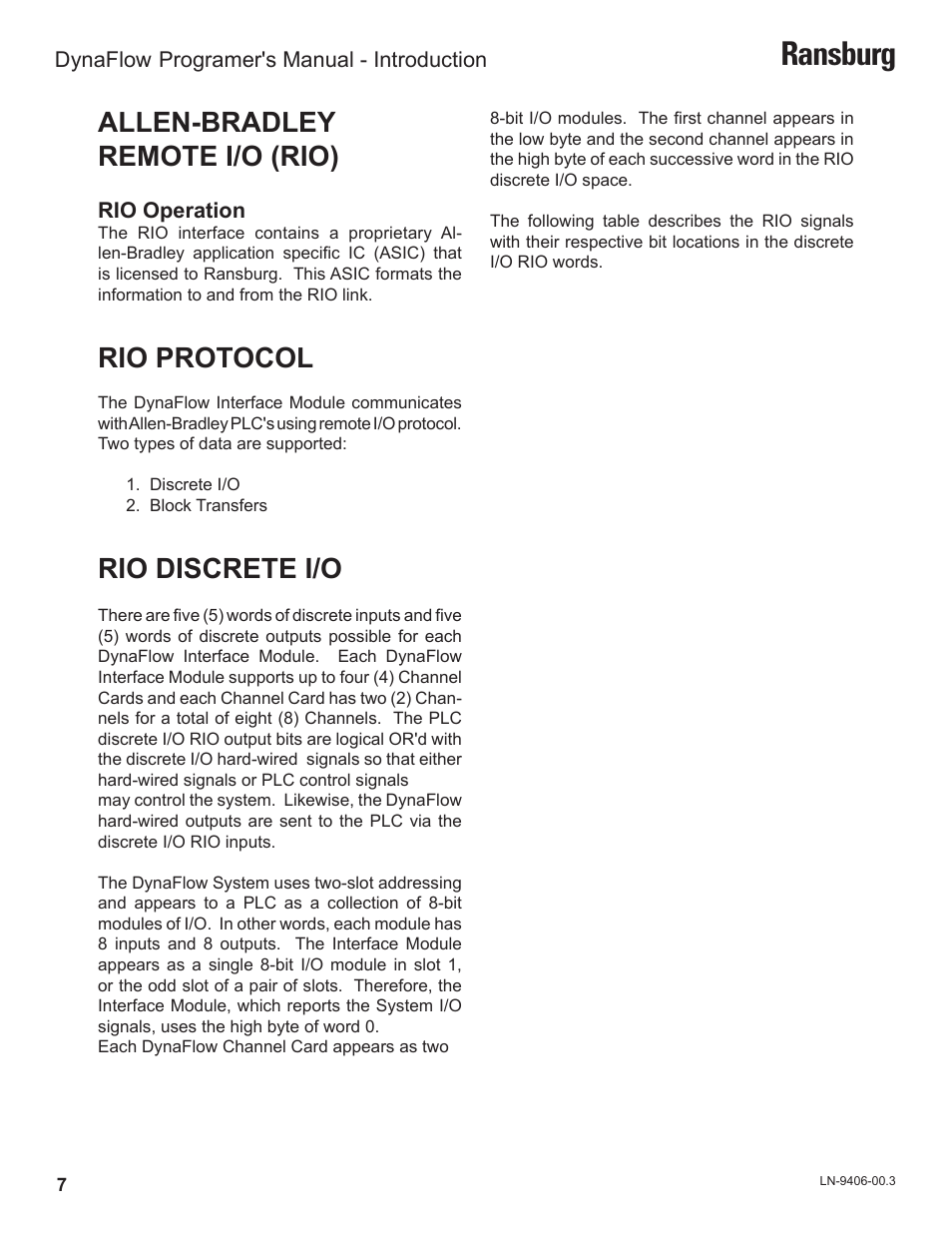 Ransburg, Allen-bradley remote i/o (rio), Rio protocol | Rio discrete i/o | Ransburg DynaFlow Programmers Manual User Manual | Page 11 / 59