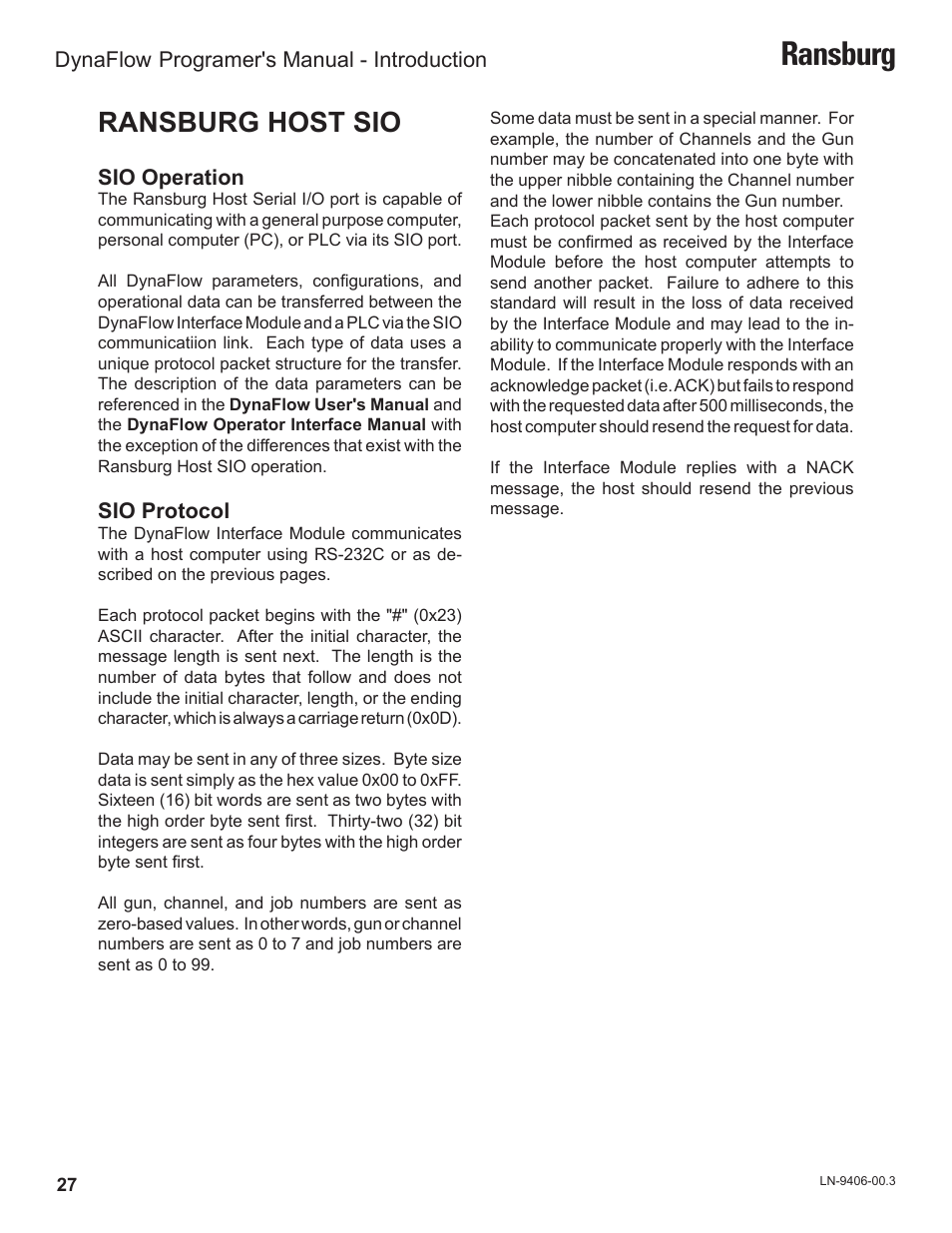 Ransburg, Ransburg host sio, Sio operation | Sio protocol, Dynaflow, Programer's manual - introduction | Ransburg DynaFlow Programmers Manual User Manual | Page 31 / 59