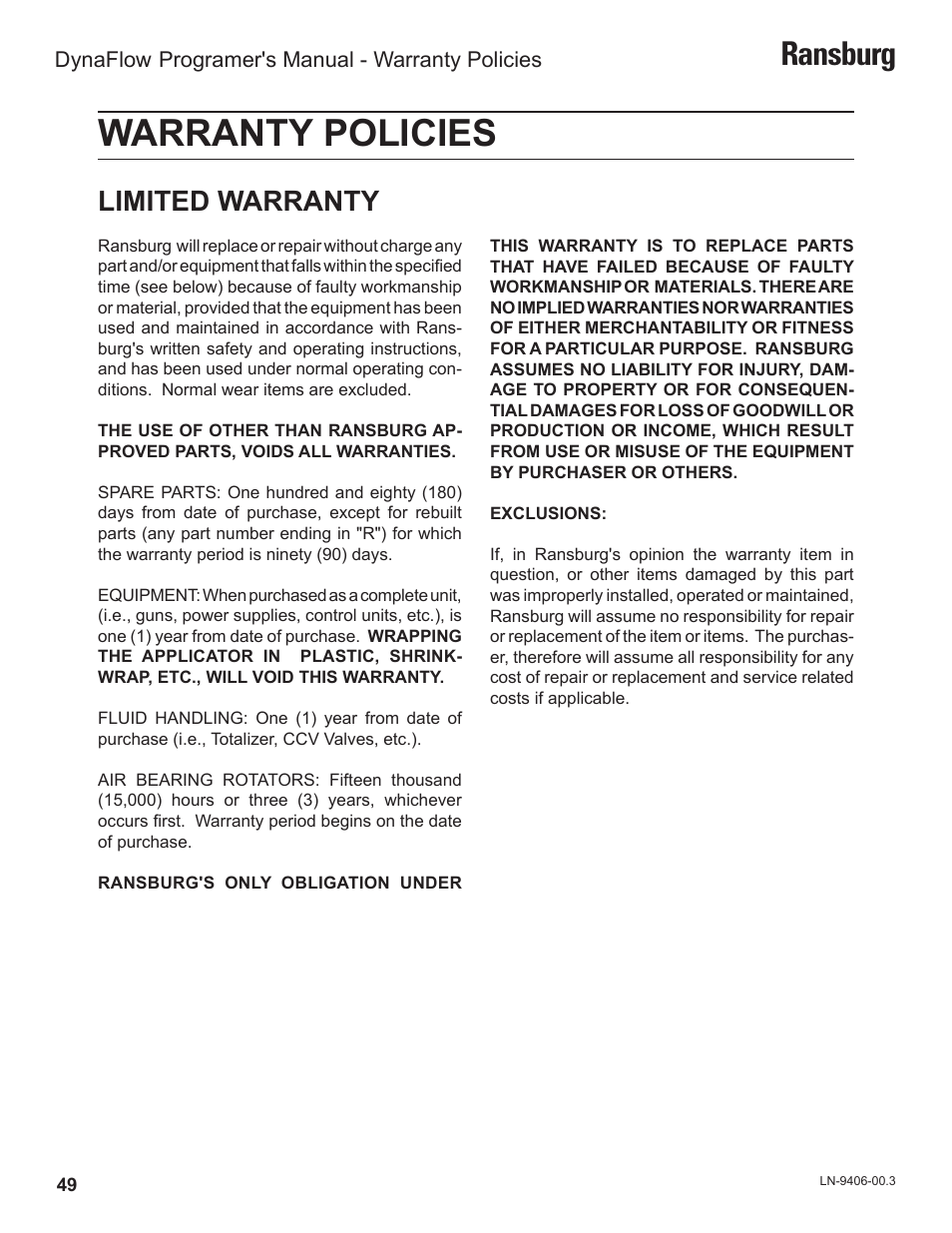 Warranty policies, Ransburg, Limited warranty | Ransburg DynaFlow Programmers Manual User Manual | Page 53 / 59