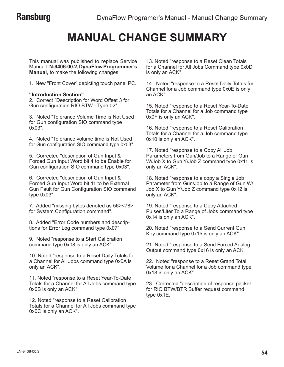 Manual change summary, Ransburg, Dynaflow | Programer's manual - manual change summary | Ransburg DynaFlow Programmers Manual User Manual | Page 58 / 59