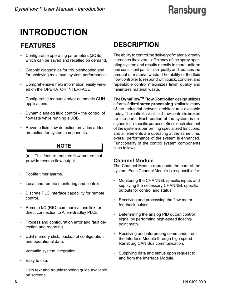 Introduction, Features, Description | Dynaflow, User manual - introduction, Channel module | Ransburg DynaFlow User Manual User Manual | Page 10 / 100
