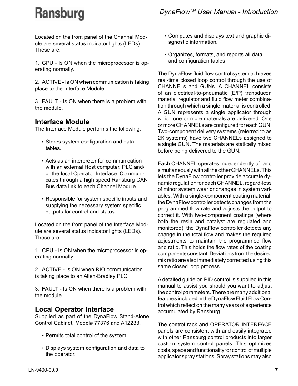 Dynaflow, User manual - introduction, Interface module | Local operator interface | Ransburg DynaFlow User Manual User Manual | Page 11 / 100