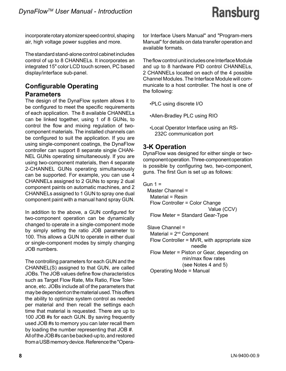 Dynaflow, User manual - introduction, Configurable operating parameters | K operation | Ransburg DynaFlow User Manual User Manual | Page 12 / 100