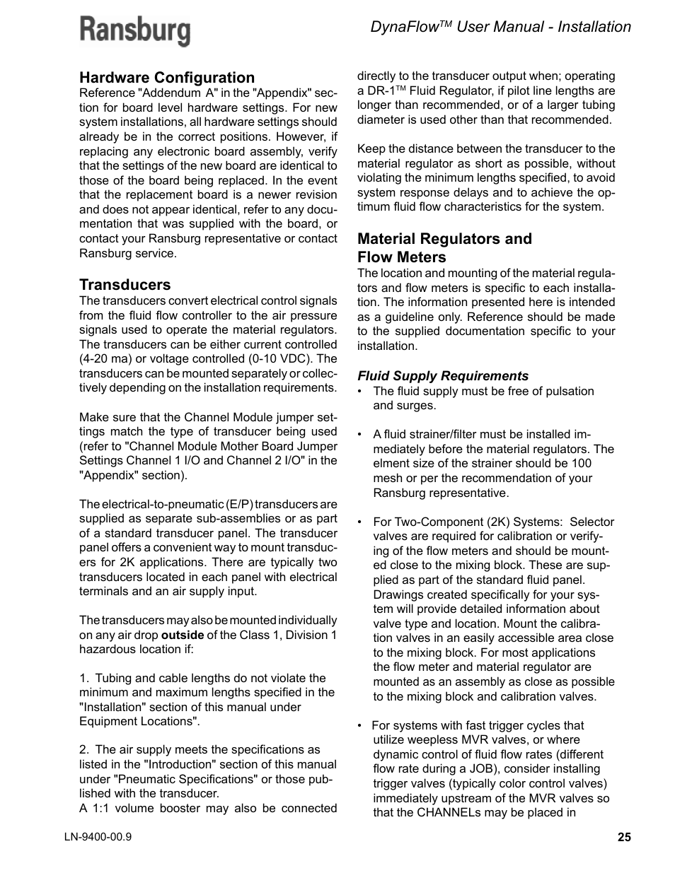 Hardware configuration, Transducers, Material regulators and flow meters | Dynaflow, User manual - installation | Ransburg DynaFlow User Manual User Manual | Page 29 / 100