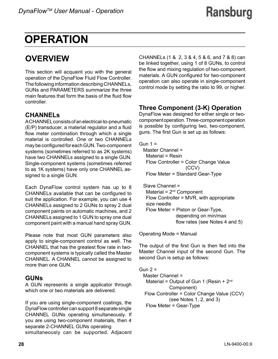 Operation, Overview, Dynaflow | User manual - operation, Channels, Guns, Three component (3-k) operation | Ransburg DynaFlow User Manual User Manual | Page 32 / 100