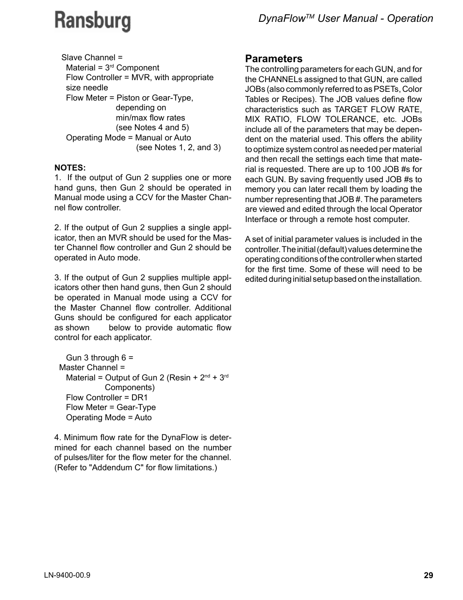 Dynaflow, User manual - operation, Parameters | Ransburg DynaFlow User Manual User Manual | Page 33 / 100