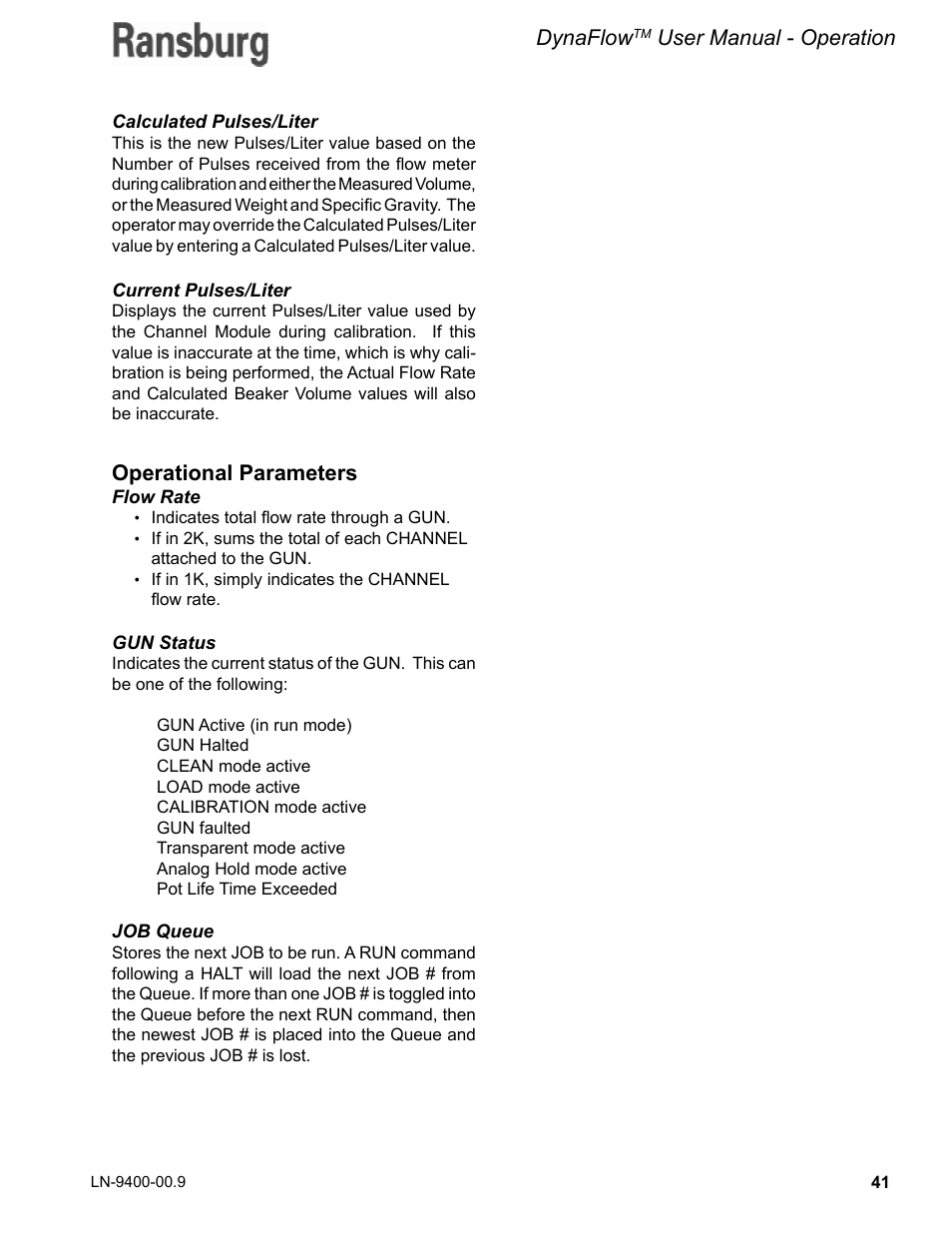 Operational parameters, Dynaflow, User manual - operation | Ransburg DynaFlow User Manual User Manual | Page 45 / 100