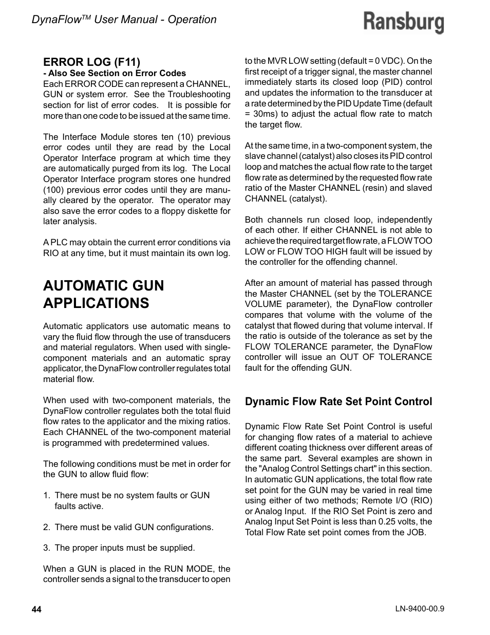Automatic gun applications, Error log (f11), Dynamic flow rate set point control | Dynaflow, User manual - operation | Ransburg DynaFlow User Manual User Manual | Page 48 / 100