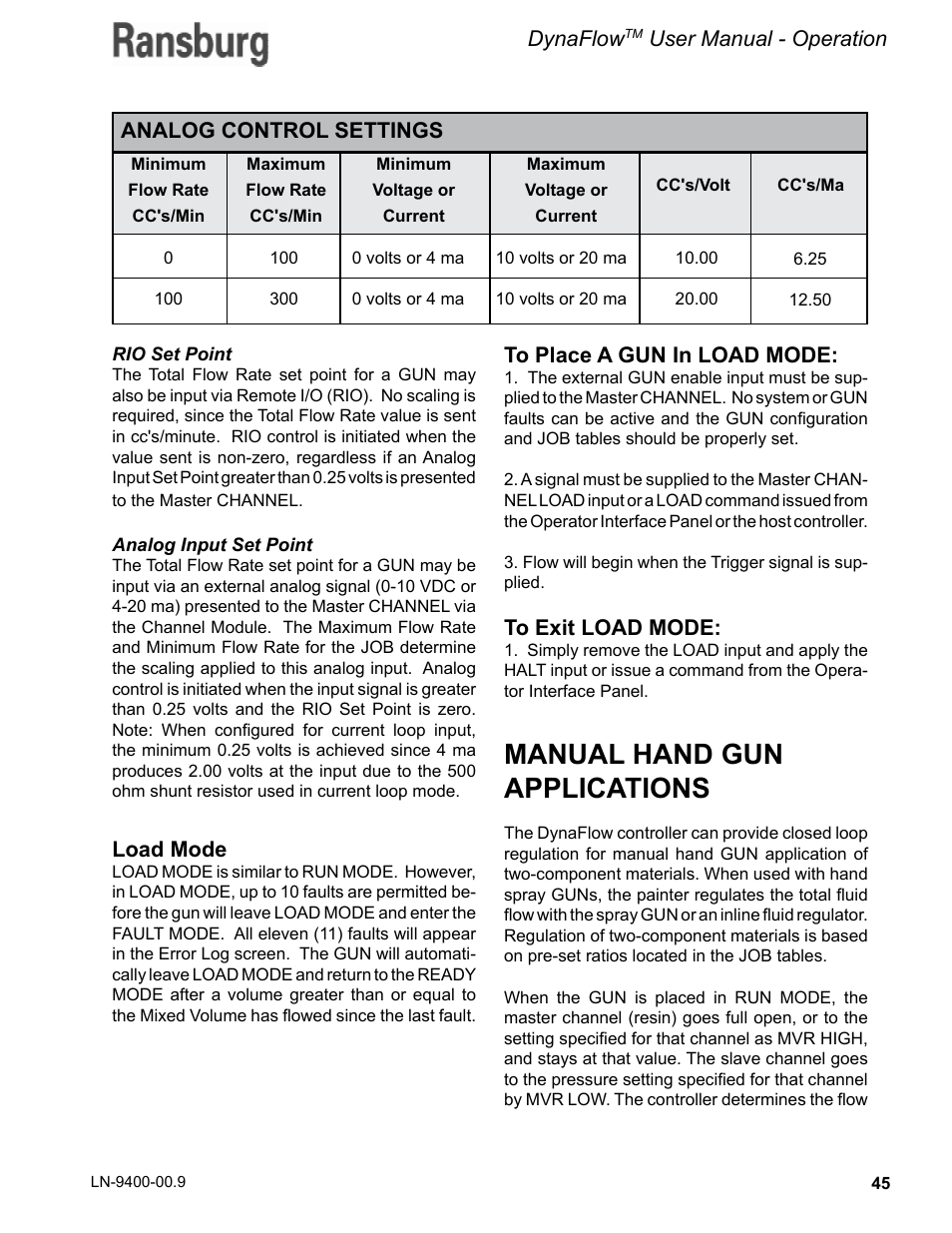 Manual hand gun applications, Load mode, Dynaflow | User manual - operation | Ransburg DynaFlow User Manual User Manual | Page 49 / 100