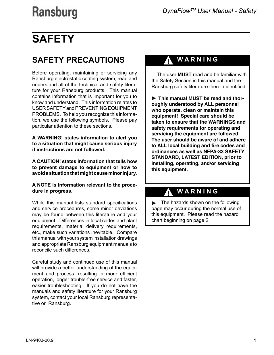 Safety, Safety precautions | Ransburg DynaFlow User Manual User Manual | Page 5 / 100