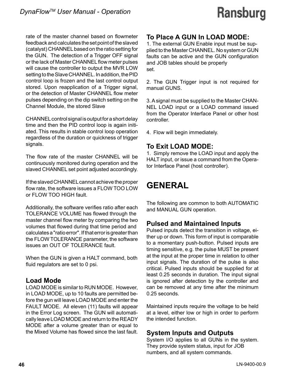 General, Dynaflow, User manual - operation | Load mode, Pulsed and maintained inputs, System inputs and outputs | Ransburg DynaFlow User Manual User Manual | Page 50 / 100