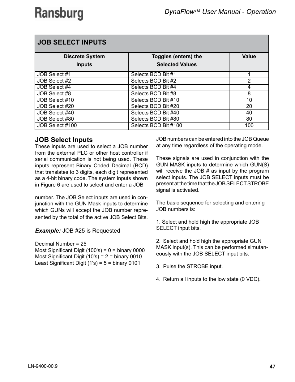 Dynaflow, User manual - operation job select inputs, Job select inputs | Ransburg DynaFlow User Manual User Manual | Page 51 / 100