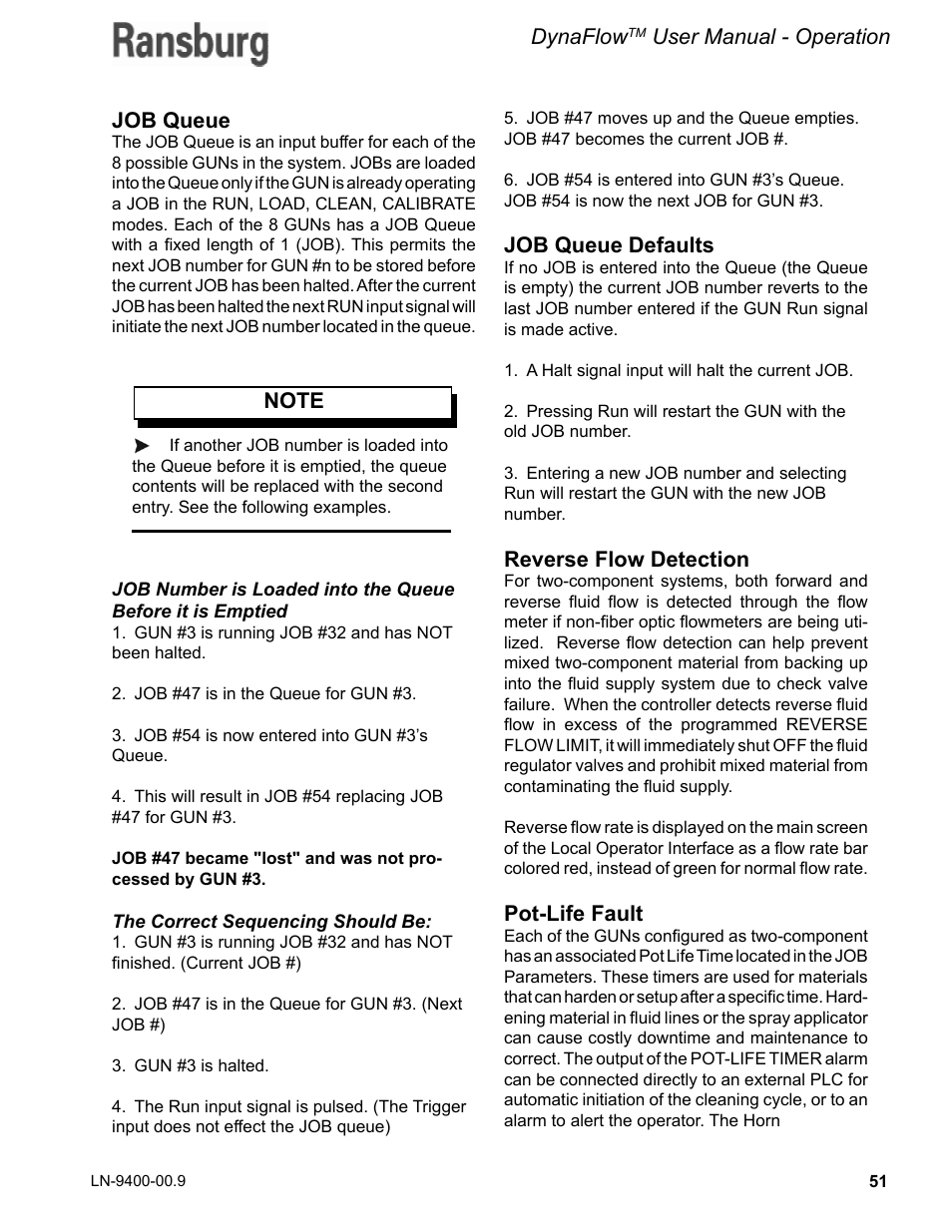 Dynaflow, User manual - operation job queue, Job queue defaults | Reverse flow detection, Pot-life fault | Ransburg DynaFlow User Manual User Manual | Page 55 / 100