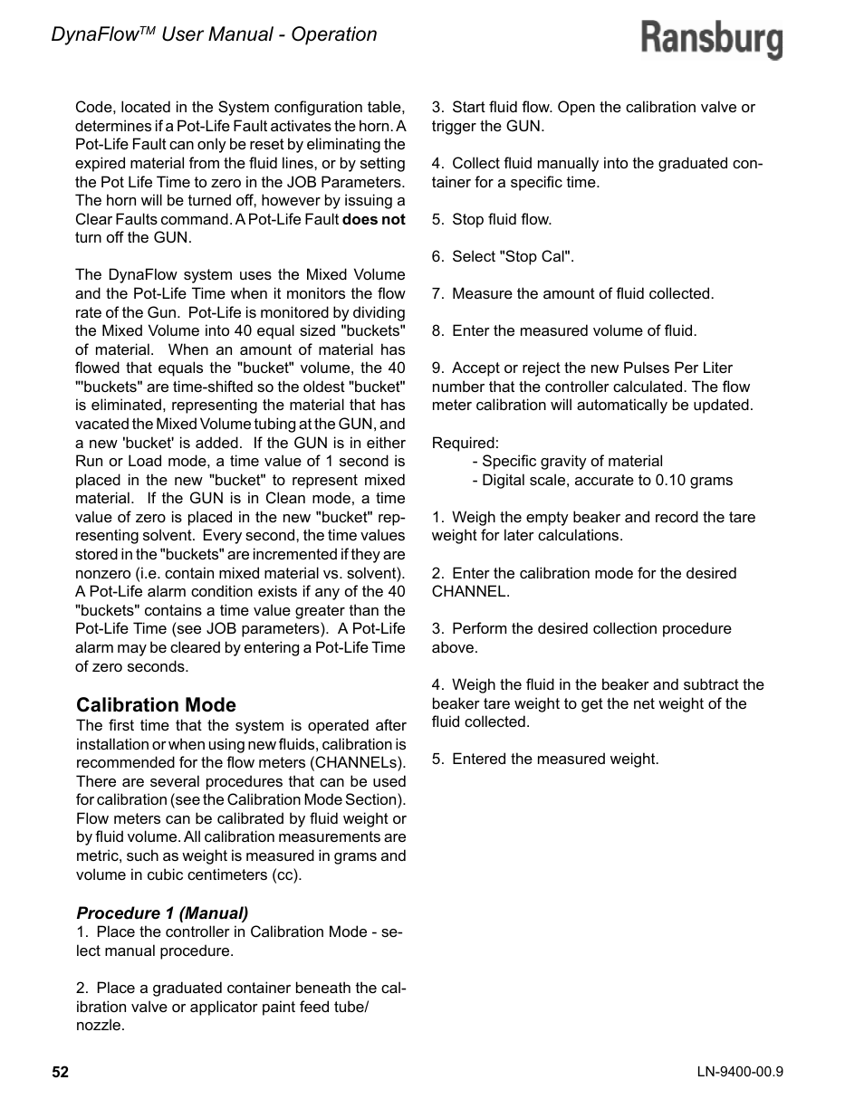 Dynaflow, User manual - operation, Calibration mode | Ransburg DynaFlow User Manual User Manual | Page 56 / 100