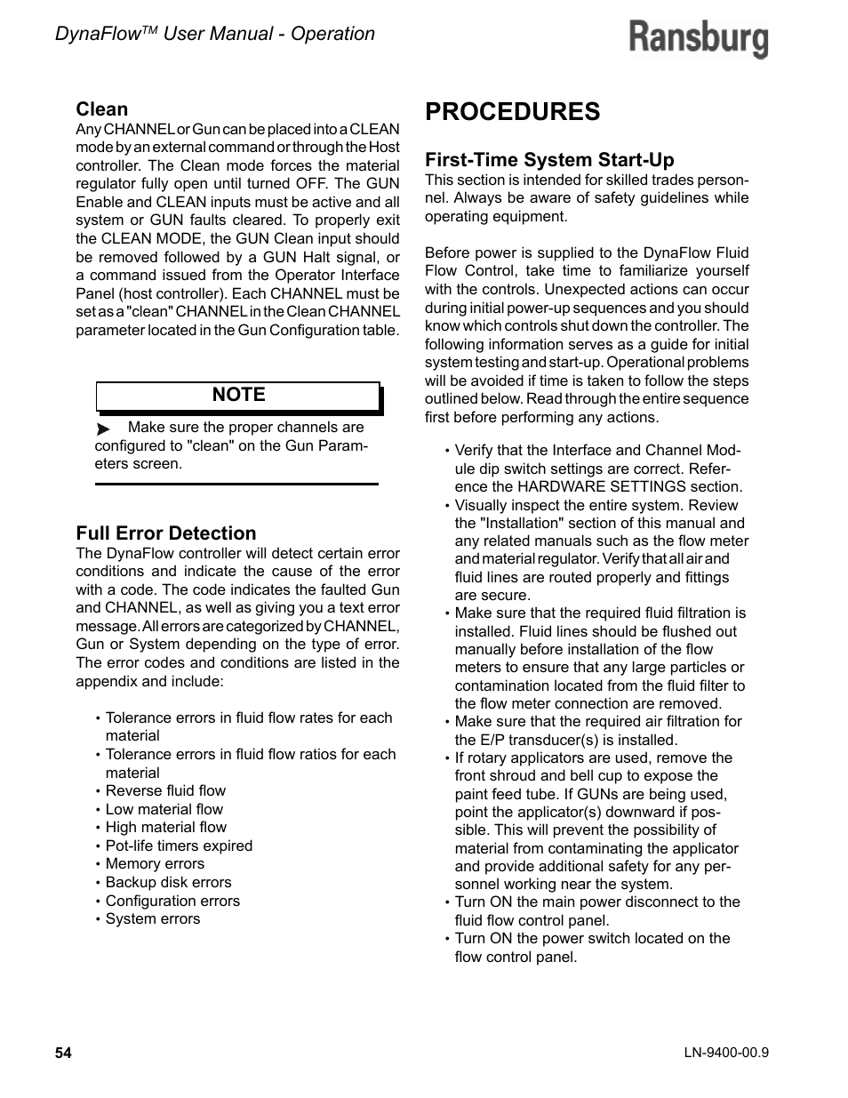 Procedures, Dynaflow, User manual - operation | Clean, First-time system start-up | Ransburg DynaFlow User Manual User Manual | Page 58 / 100