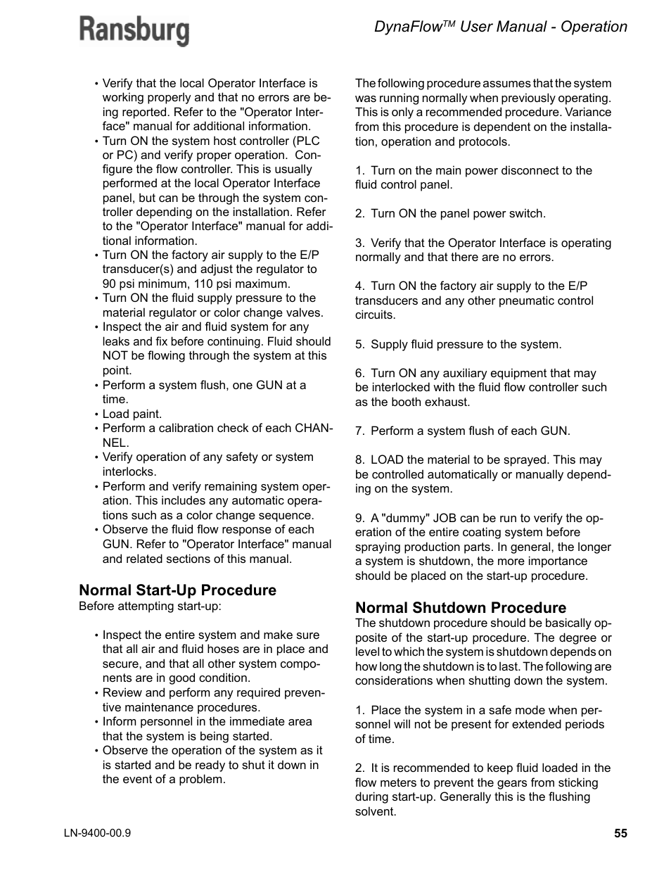 Dynaflow, User manual - operation, Normal start-up procedure | Normal shutdown procedure | Ransburg DynaFlow User Manual User Manual | Page 59 / 100