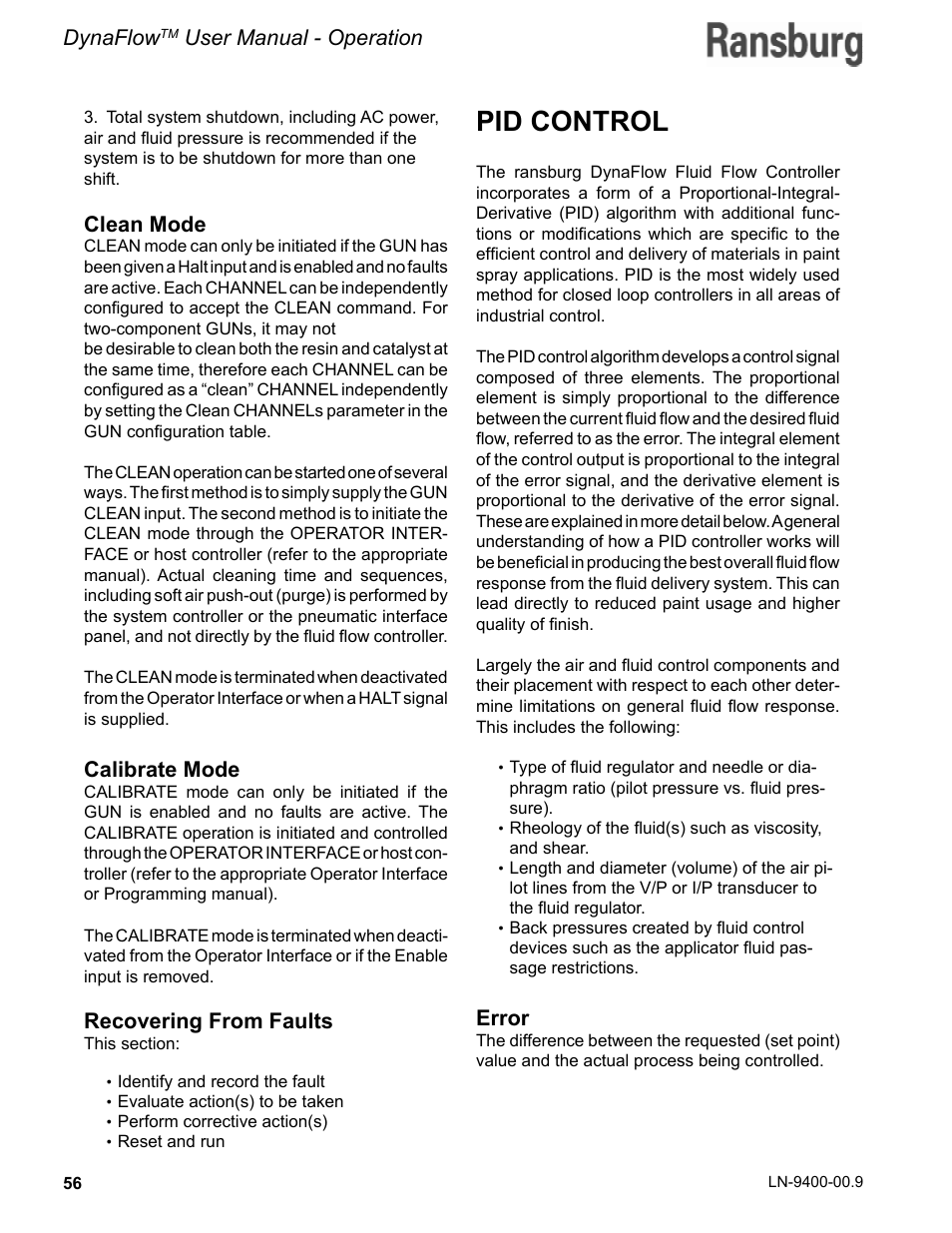 Pid control, Dynaflow, User manual - operation | Clean mode, Calibrate mode, Recovering from faults, Error | Ransburg DynaFlow User Manual User Manual | Page 60 / 100