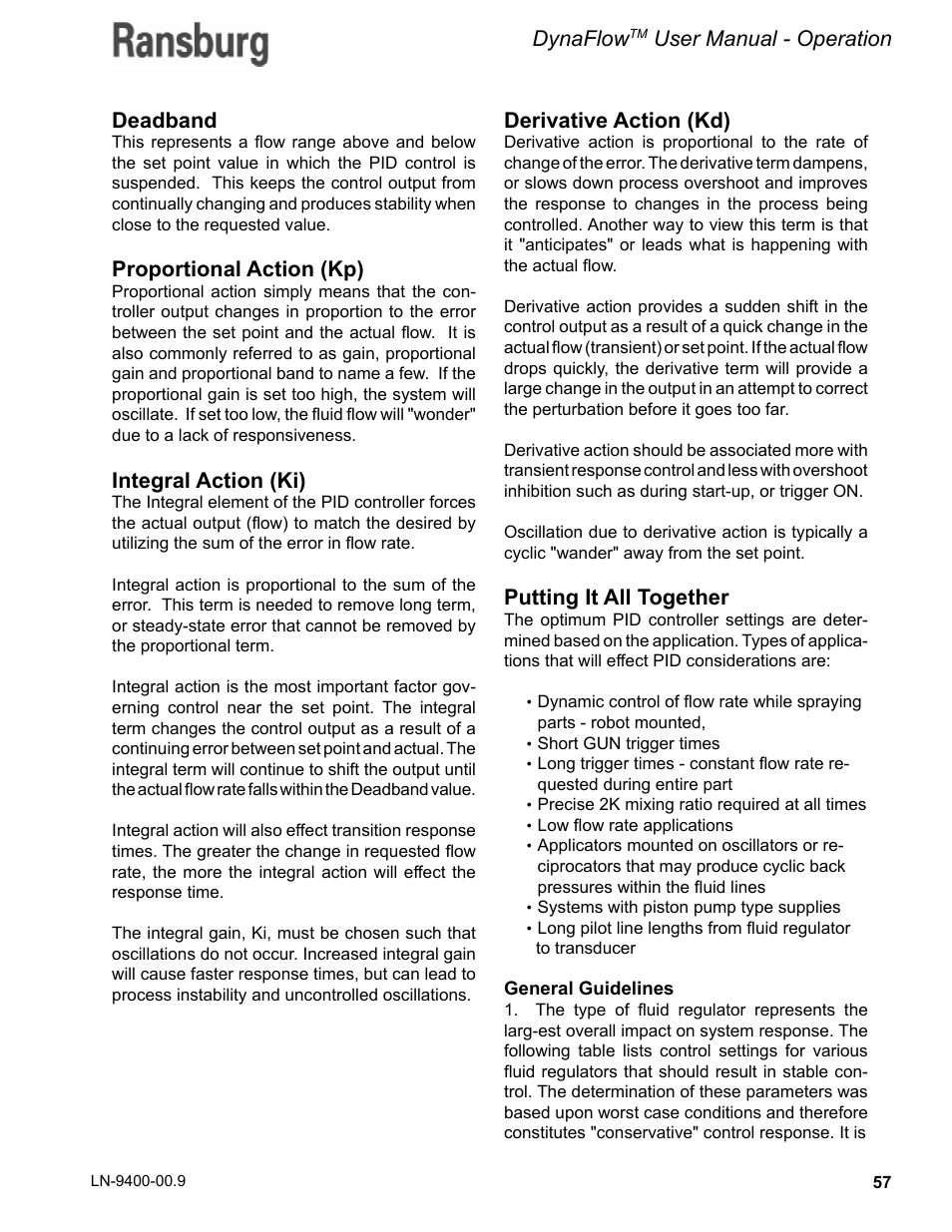 Dynaflow, User manual - operation, Derivative action (kd) | Putting it all together, Deadband, Proportional action (kp), Integral action (ki) | Ransburg DynaFlow User Manual User Manual | Page 61 / 100