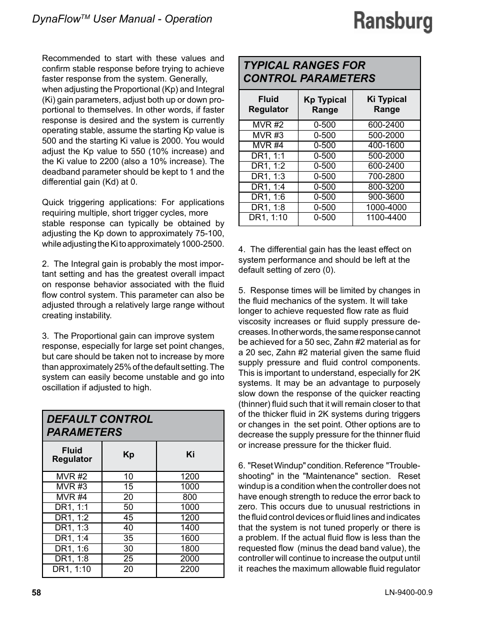 Dynaflow, User manual - operation, Default control parameters | Typical ranges for control parameters | Ransburg DynaFlow User Manual User Manual | Page 62 / 100