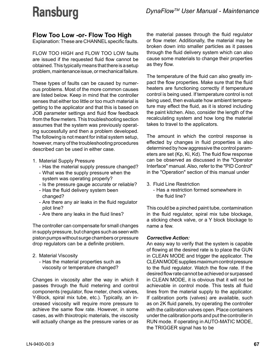 Dynaflow, User manual - maintenance, Flow too low -or- flow too high | Ransburg DynaFlow User Manual User Manual | Page 71 / 100