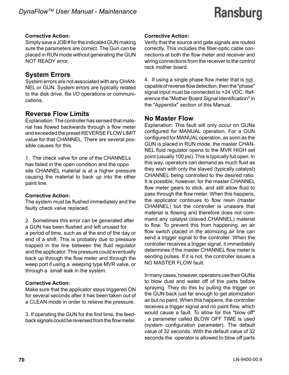 System errors, Reverse flow limits, No master flow | Dynaflow, User manual - maintenance | Ransburg DynaFlow User Manual User Manual | Page 74 / 100