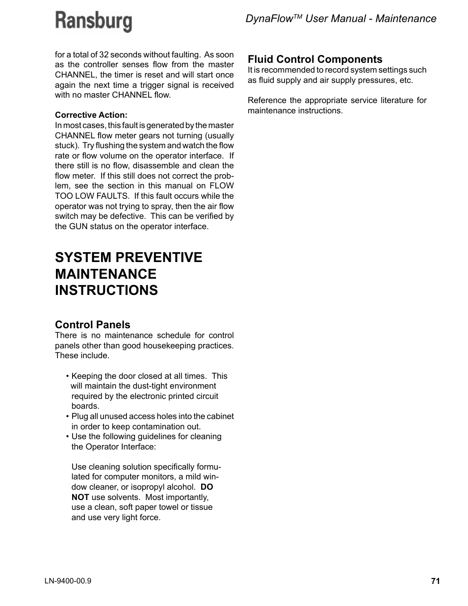 Preventive maintenance, System preventive maintenance instructions | Ransburg DynaFlow User Manual User Manual | Page 75 / 100