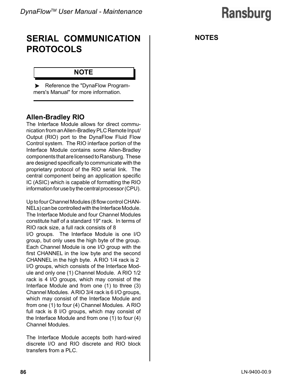 Serial communication protocols | Ransburg DynaFlow User Manual User Manual | Page 90 / 100