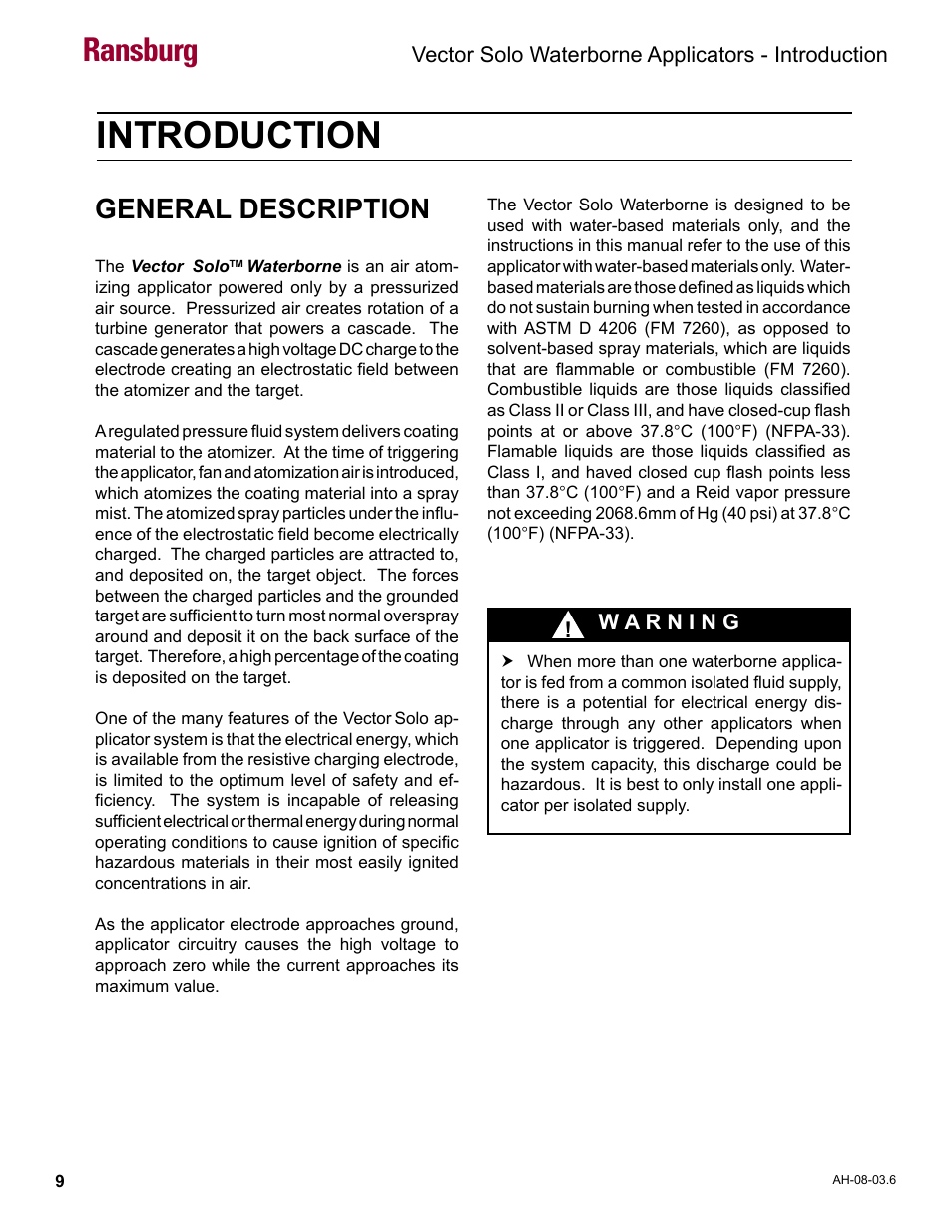 Introduction, General description, Ransburg | Vector solo waterborne applicators - introduction | Ransburg Vector Solo 79901 Waterborne RS90-WB User Manual | Page 13 / 66