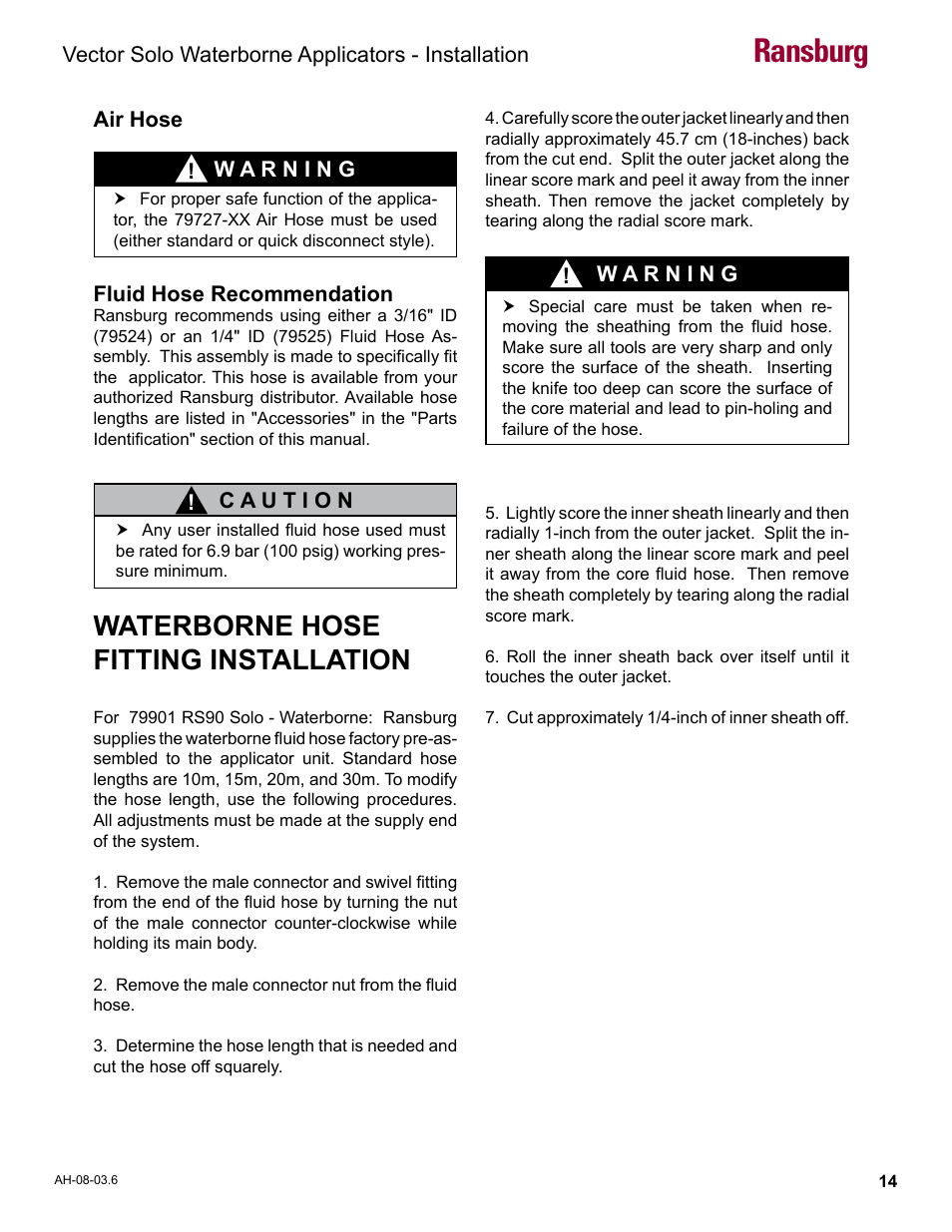 Waterborne hose fitting installation, Ransburg | Ransburg Vector Solo 79901 Waterborne RS90-WB User Manual | Page 18 / 66