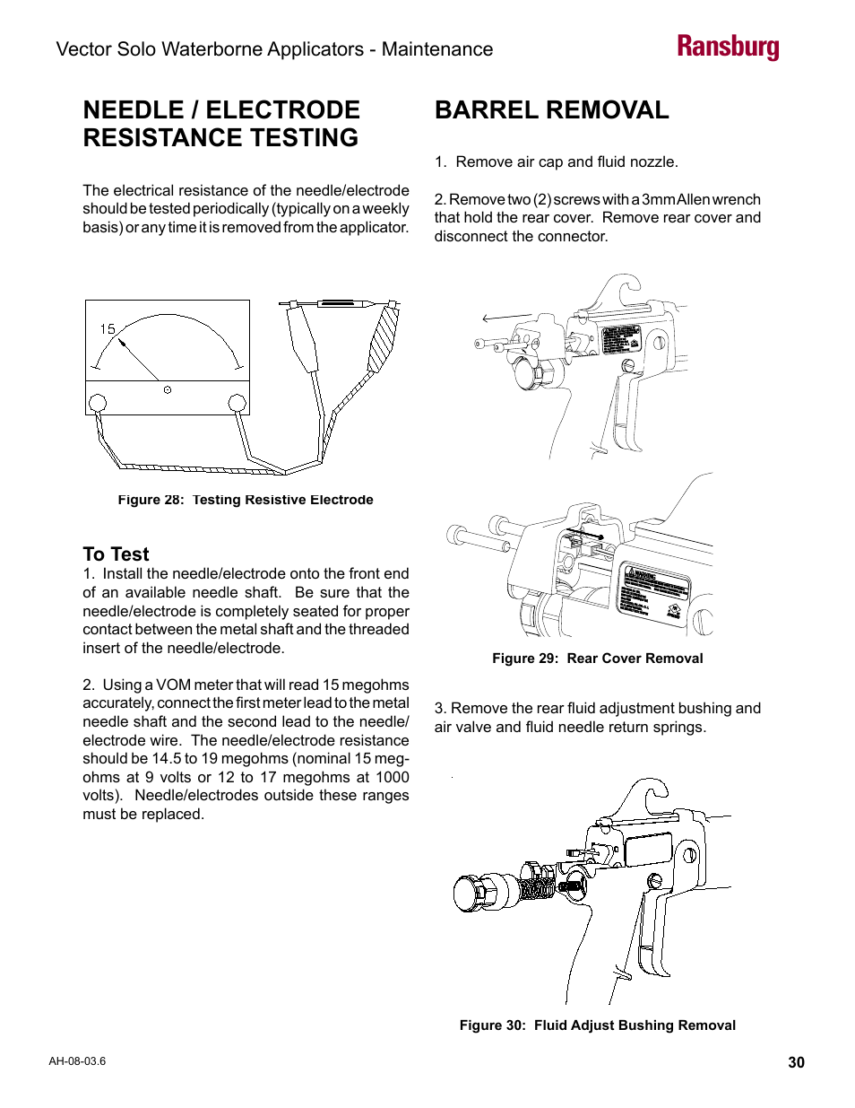Needle / electrode resistance testing, Barrel removal, Ransburg | Ransburg Vector Solo 79901 Waterborne RS90-WB User Manual | Page 34 / 66