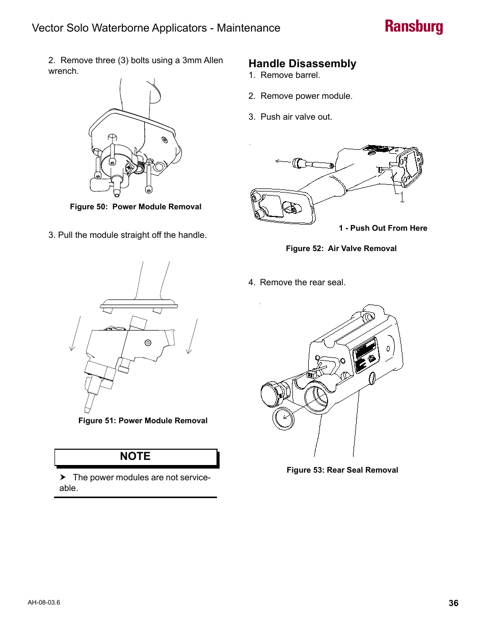 Handle disassembly, Ransburg, Vector solo waterborne applicators - maintenance | Ransburg Vector Solo 79901 Waterborne RS90-WB User Manual | Page 40 / 66