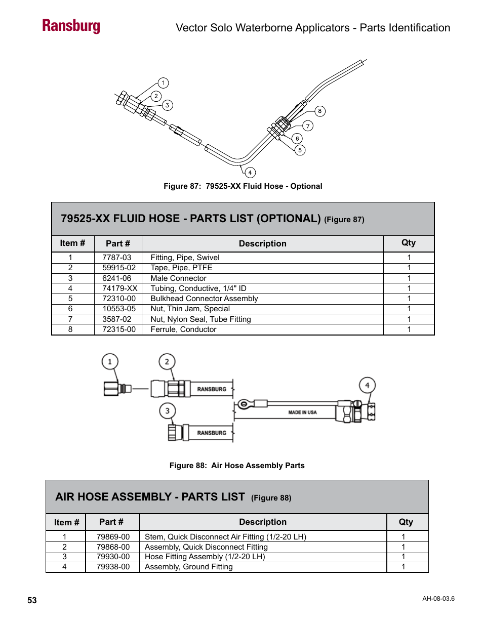 Ransburg, Air hose assembly - parts list | Ransburg Vector Solo 79901 Waterborne RS90-WB User Manual | Page 57 / 66